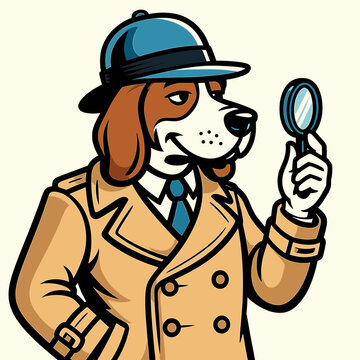 Clever Dog Detective Character Wearing Trench Coat And Fedora Hat Holding Magnifying Glass Hound Investigator Mascot Emblem Graphic Artwork Design Portrait
