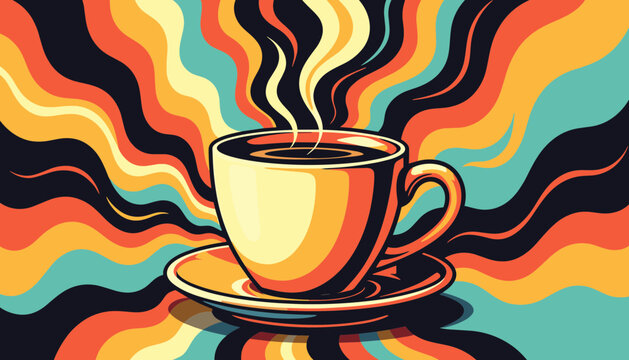Vibrant Retro Psychedelic Coffee Cup Featuring Hot Steaming Drink Swirling Colorful Wavy Burst Lines Background Cafe Morning Beverage Graphic Illustration Artwork Design
