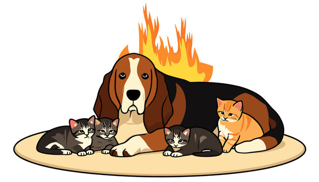 Basset Hound Dog And Cute Kittens Group Resting Near Cozy Fireplace Hearth Domestic Pet Animals Friends Mascot Emblem Graphic Illustration Artwork Design
