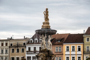 Fototapeta premium Historic Samson Fountain in front of the Town Hall on Přemysl Otakar II Square in České Budějovice, Czechia.