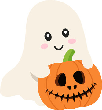 Cute Halloween Ghost Hugging Pumpkin Flat Vector Illustration, Happy Spooky Cartoon Character