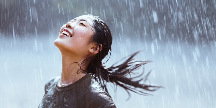 Happy runner enjoying the rain with a smile eyes closed and face lifted towards the sky