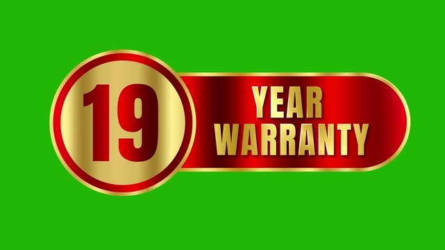Elegant 19 Year Warranty Golden Metal Certificate Badge with Vivid Red Ribbon and Radiant Light Glow on Green Screen 4k video