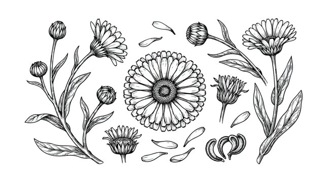 Vintage calendula botanical illustration set, hand drawn marigold flowers and buds vector, black and white medicinal herb sketches for packaging
