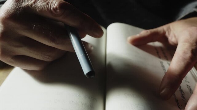 Moody close-up of hands rhythmically tapping a pen above a blank journal page, expressing writer's block, emotional uncertainty, personal reflection, and creative frustration.
