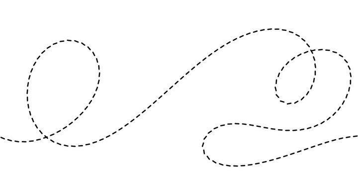 A dashed line tracing an abstract, looping path across a white background, suggesting movement or a journey
