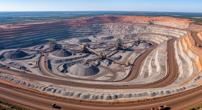 Vast open pit bauxite mine with extensive terraces and industrial equipment, showcasing large scale resource extraction operations.
