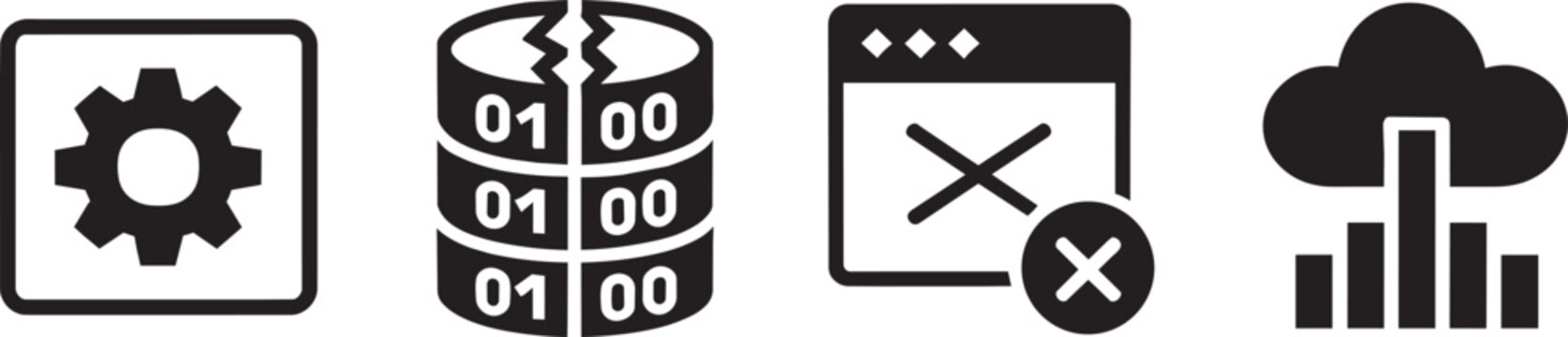 Technical vector set showing gear cog mechanism settings icon broken binary database server broken computer window dialog and cloud network statistics bar chart data processing visual.