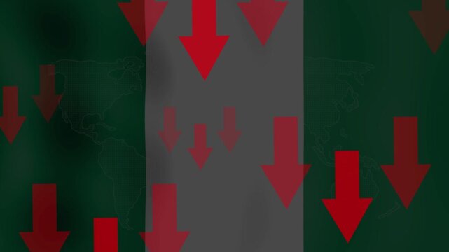 Economic Downturn Symbolized: Red arrows pointing downwards overlay a faded Nigerian flag, visually representing a period of economic decline or crisis.
