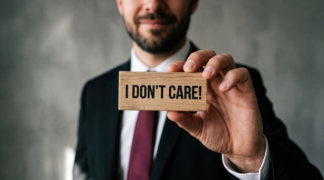 Professional holding wooden sign with conveying dismissive attitude attitude against neutral neutral urban background formal attire holding with bold text conveying