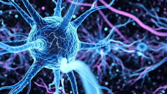 An artistic representation of a human neuron with glowing connections.