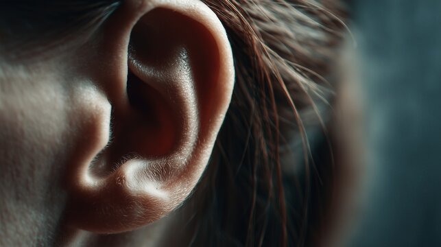 Macro close up of a child ear with hair, symbolizing pediatric audiology, hearing screening, and ear health.
