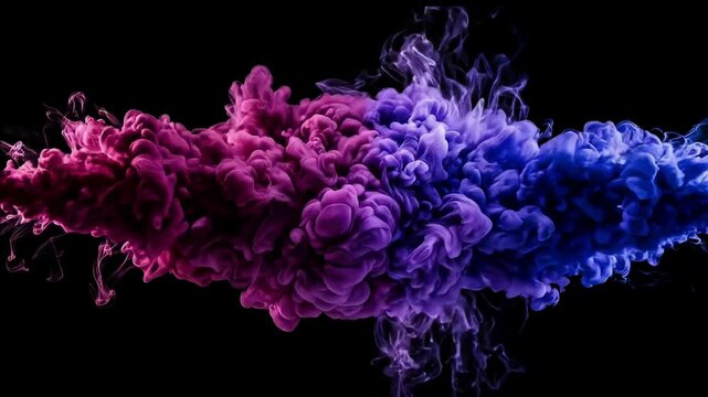 Vibrant magenta and blue ink clouds colliding underwater on a black backdrop, creating a dynamic fluid explosion ideal for modern creative transitions and abstract artistic backgrounds.