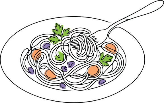 Continuous line drawing of spaghetti pasta on a plate with a fork and fresh herbs illustration