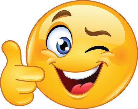 Happy emoji emoticon winking and pointing expressing approval, confidence, humor, encouragement, or playful communication.