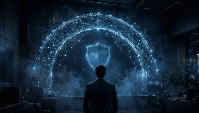 Silhouette of a person facing a glowing shield and digital network ring, symbolizing secure access service edge, zero trust protection, and cloud perimeter defense.