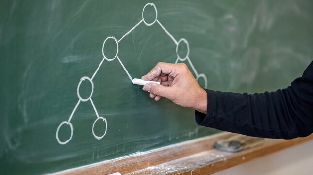 Teaching techniques, a teachers hand draws a binary tree diagram on a green chalkboard