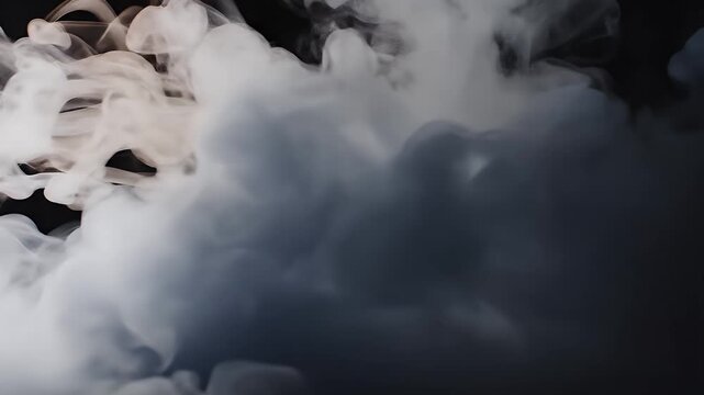 Abstract swirling clouds of white and dark smoke against a black background.
