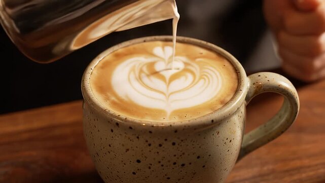 Barista pouring milk into coffee to create heart latte art