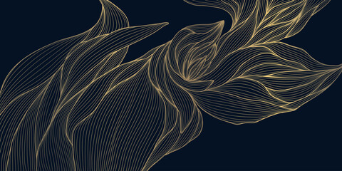 Obraz premium Luxury art deco floral pattern with elegant golden line flowers, leaves, botanical elements, Japanese design. Wave wallpaper, tea and spa branding, packaging, textile