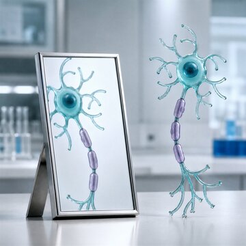 Glass neuron figurine beside a mirror shows reflection of a neural cell, symbolizing self perception, cognition, and brain research.