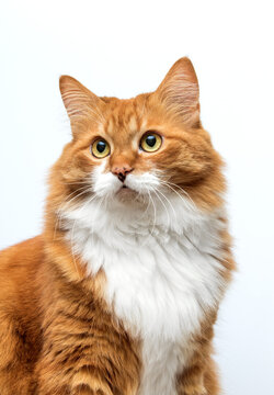 red and white domestic cat with nose freckles looking