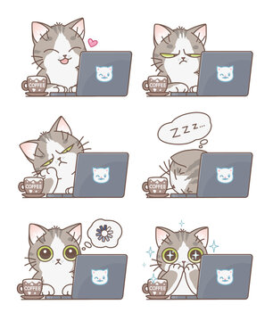 Office life cat: Cute cat working on laptop with various expressions. Vector illustration. Cute cats series. 
