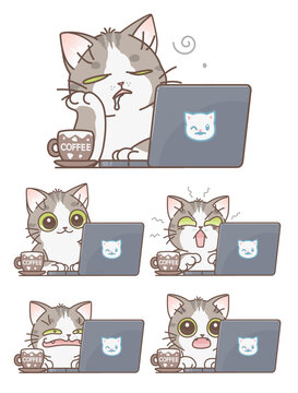 Cat working on laptop with various expressions. Vector illustration. Cute cats series. 