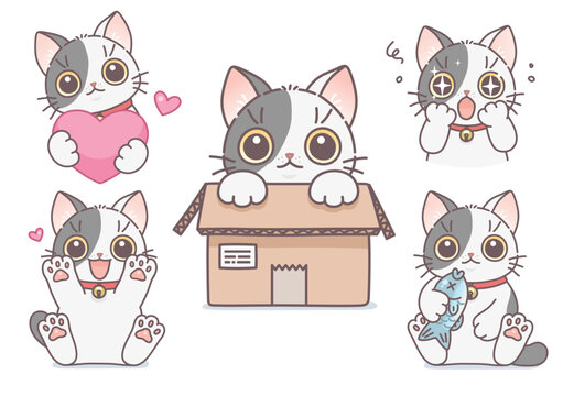 Cute spotted kitten set vector illustration. Cute cats series. 