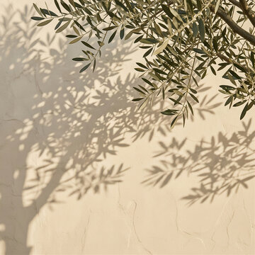 Olive tree shadows on a beige wall. Natural sunlight casting leaf patterns on a textured surface.