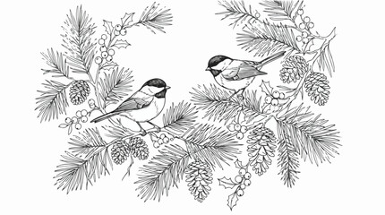 Vintage chickadee birds on pine branches vector illustration, hand drawn winter forest birds with pinecones and holly berries, black and white line art © sohail