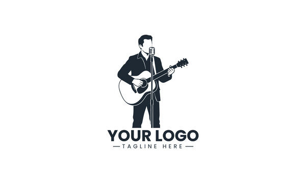 Black Image Vector Logo of Acoustic Guitarist Singer, Solo Musician Performing on Stage Art Isolated on White Background