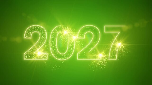 Video animation of abstract neon light with the numbers 2027 over green background - represents the new year - vacation concept.