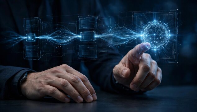 Hand touches glowing hologram of ai network and cloud data, suggesting serverless ai inference, instant scaling, and cloud machine intelligence.