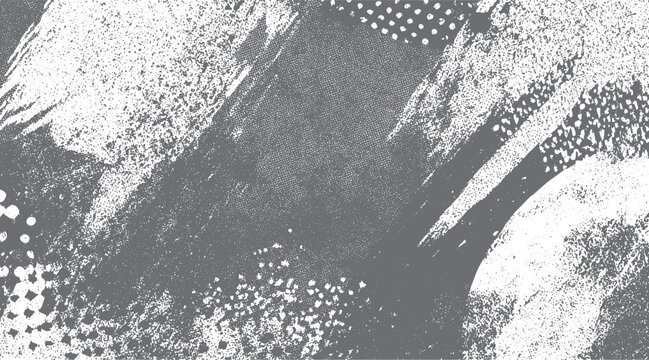 Abstract textured background with distressed grunge effect and halftone dots in shades of grey and white