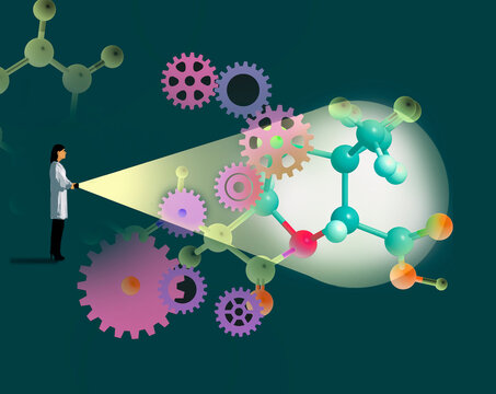 Scientist illuminating gears and molecules with flashlight