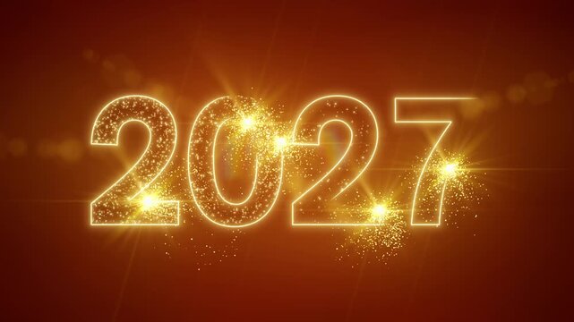 Video animation of abstract neon light with the numbers 2027 over red background - represents the new year - vacation concept.