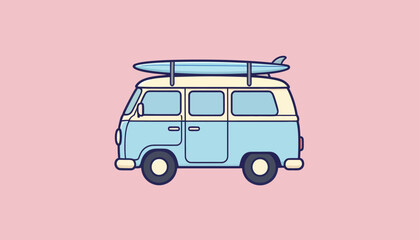 Minimalist flat illustration of a light blue retro surf van with surfboard on roof over a pink background for summer travel themes © MuhammadHaris