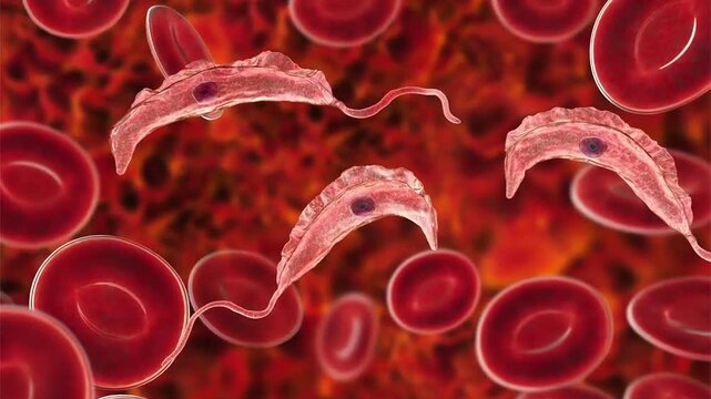 Trypanosoma brucei parasites, 3D animation showing slowly rotating flagellated protozoa with undulating membrane, illustrating African trypanosomiasis.