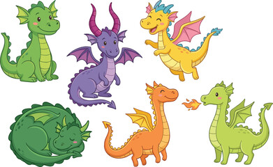 Fototapeta premium Cute cartoon baby dragons set with friendly colorful mythical creatures, fantasy little dinosaur characters flying and breathing fire vector illustration isolated on white.