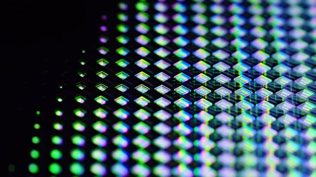 Reflective diamond tile grid with shifting spectral bands, diagonal light sweep, shallow focus, glossy metallic surface detail, repeating raised geometry and soft iridescent glow