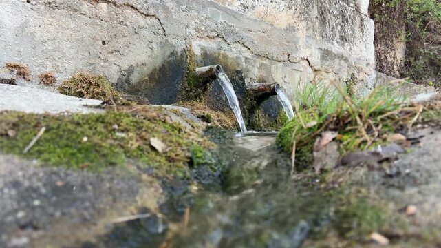 Fuente natural en la monta&ntilde;a con doble ca&ntilde;o de alto caudal en verano
