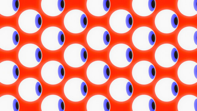 Seamless pattern of staring cartoon eyeballs on red background