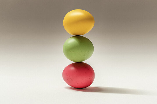 Colorful spotted Easter egg stacked in perfect balance