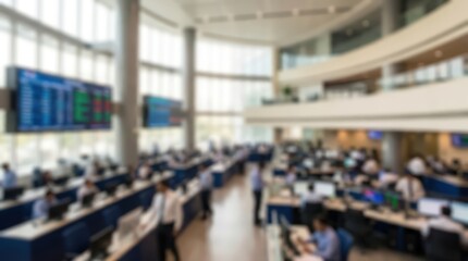 Obraz premium blurred wide angle view of a bustling corporate office and financial trading floor with employees at desks and large digital stock market displays.