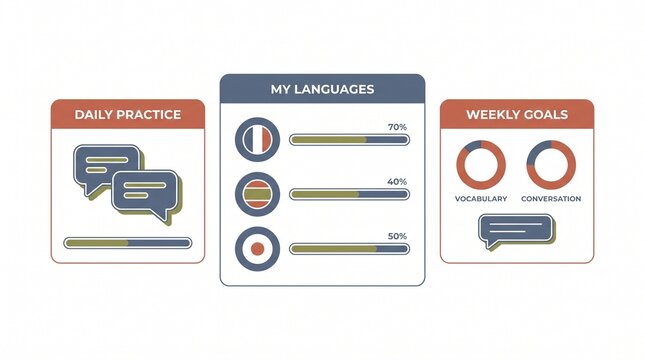 Language learning progress dashboard, modern UI/UX design for educational apps, daily practice and weekly goals tracking, multilingual skill development interface.