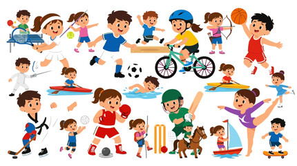 Fototapeta premium A collection of diverse children participating in various sports and physical activities.