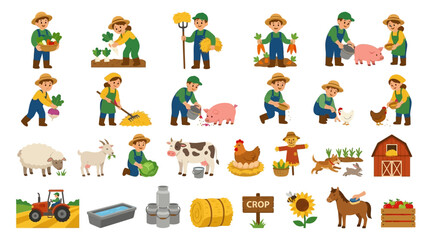 Naklejka premium Set of cartoon farm characters and agricultural equipment icons.