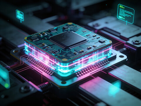 AI processor microchip on futuristic semiconductor circuit board technology