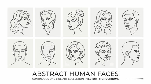 Abstract human faces one-line art set. Minimalist continuous line portraits of diverse people.